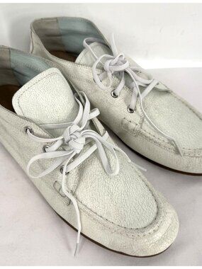 $299 Massimo Dutti Crackled White Leather Deck Lace Up Shoes Boots Sz 41 Sz 8.5